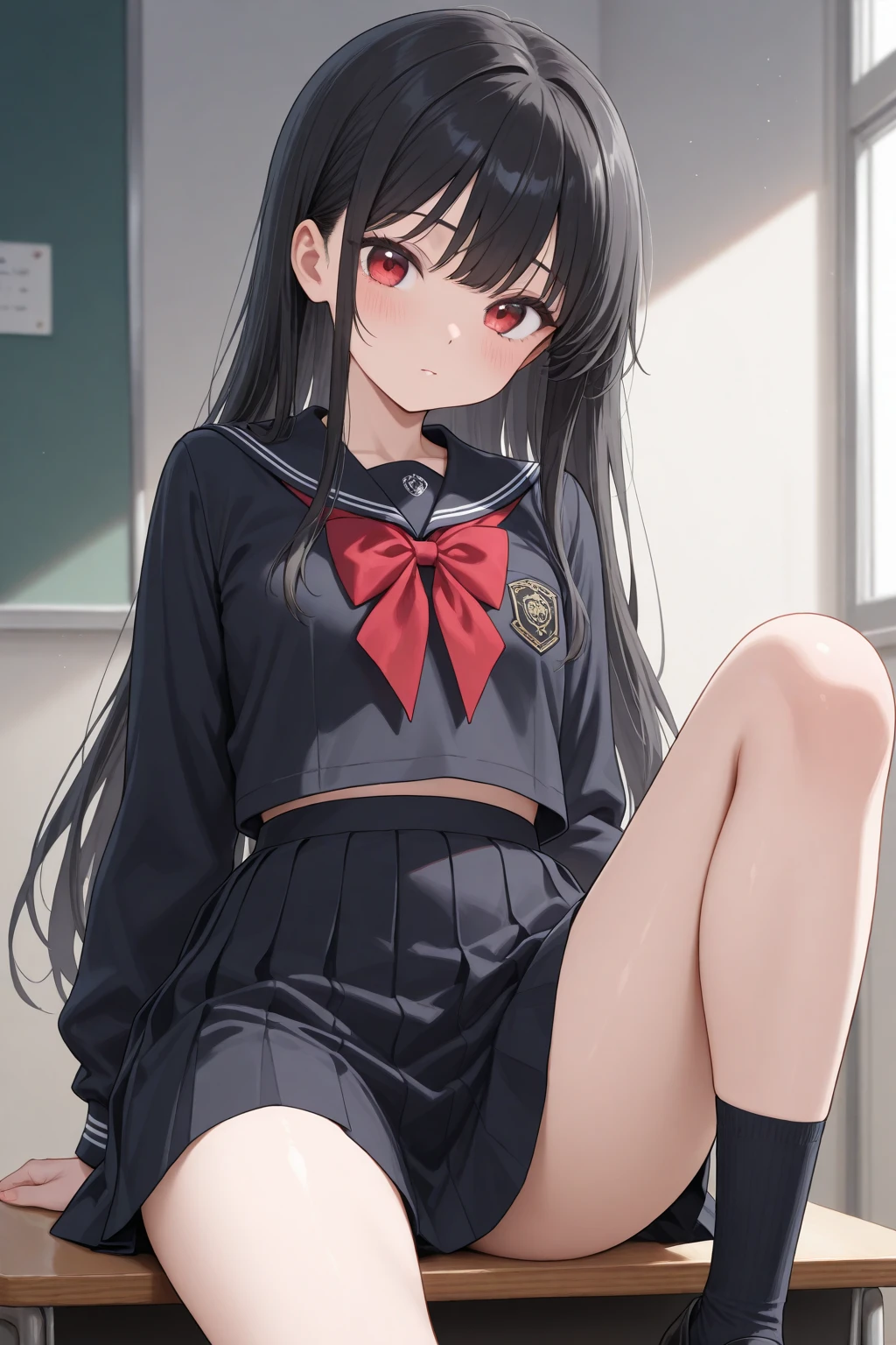 super fine illustration, solo, dynamic angle, an extremely cute and beautiful girl, highly detailed beautiful face and eyes, (masterpiece:1.2), (best quality:1.2), wallpaper 8k CG, very precise detailed, highres, look at viewer, 1girl, junior hightshool student, (loli), 14yers old, extremely delicate and beautiful girl, a extremely delicate and beautiful girl, anime screenshot, rembrandt lighting, Kyoto Animation style, medium long shot, girls' Front, solo focus, (sitting, sitting on the desk, desk, school desk, overlap her arms in front of her body:1.3), extremely detailed body, neat figure, girlan extremely delicate and beautiful girl, young girl, detailed long hair, parted bangs, long dark brown hair, beautiful detailed hair, clear face, grin, bright pupils, closed mouth, delicate arms and hands, flat chest, slim legs, black eyes, authentic skin texture, (serafuku, black clothes, black serafuku, red lines, skirt lift, lifted by self, panty shot, panties, true white panties, pee stain panties, bow panties:1.3), socks, BREAK, indoors, (classroom, window, chair, a girl is sitting behind her, school chair, bright:1.3), cinematic lighting, refined rendering, Gorgeous and rich graphics, extremely detailedmasterpiece, detailed and intricate, kyoushitsu,lolipan,mesugaki