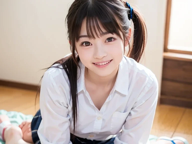 17-year-old girl、whole body、(Schoolgirl Uniform、Sailor suit、Navy Pleated Skirt)、Spread your legs、(Striped cotton panties are visible、Camel Toe)、Small breasts、(smile、Perfect white teeth)、bangs、Long Hair、Hair Ribbon、(Twin tails、Smooth Hair)、The body is slim、RAW Photos, (Highest quality、masterpiece、Realistic photo:1.2)、(Realistic:1.4)、Dramatic lighting、Bright lighting、Pastel Color Palette、Very detailed、Realistic skin texture、Beautiful eyes in every detail、Brown eyes、(Detailed Background、Written boundary depth:1.2)、