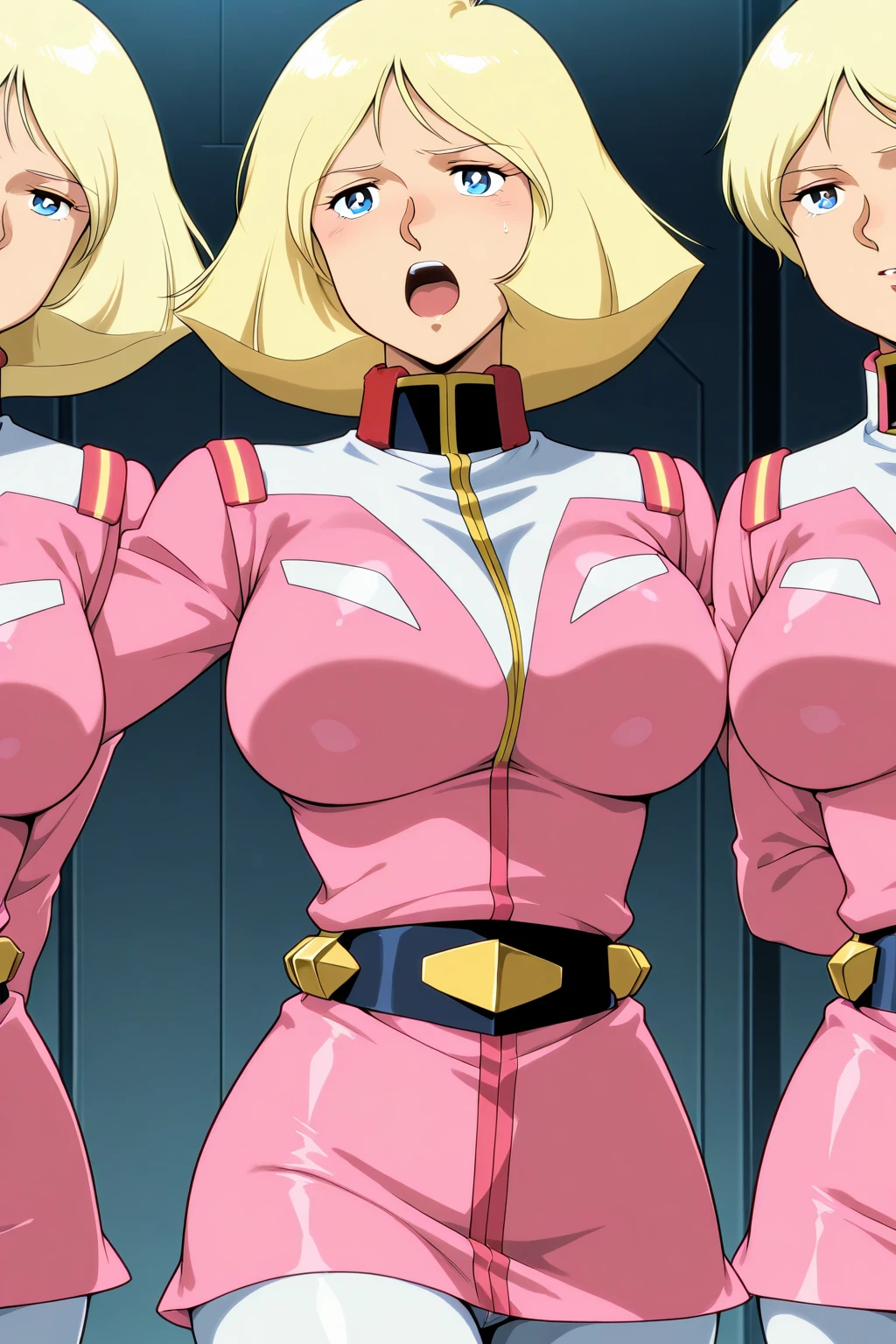 Boku no hero anime style, man with messy blonde hair, with pink tips, pink eyes, small waist but big thighs and big buttocks, wears superhero clothes, short hair, big buttocks, PINK AND WHITE SUIT, THE BOTTOM PART IS COTTA AND HER GLUTEES CAN BE SEEN