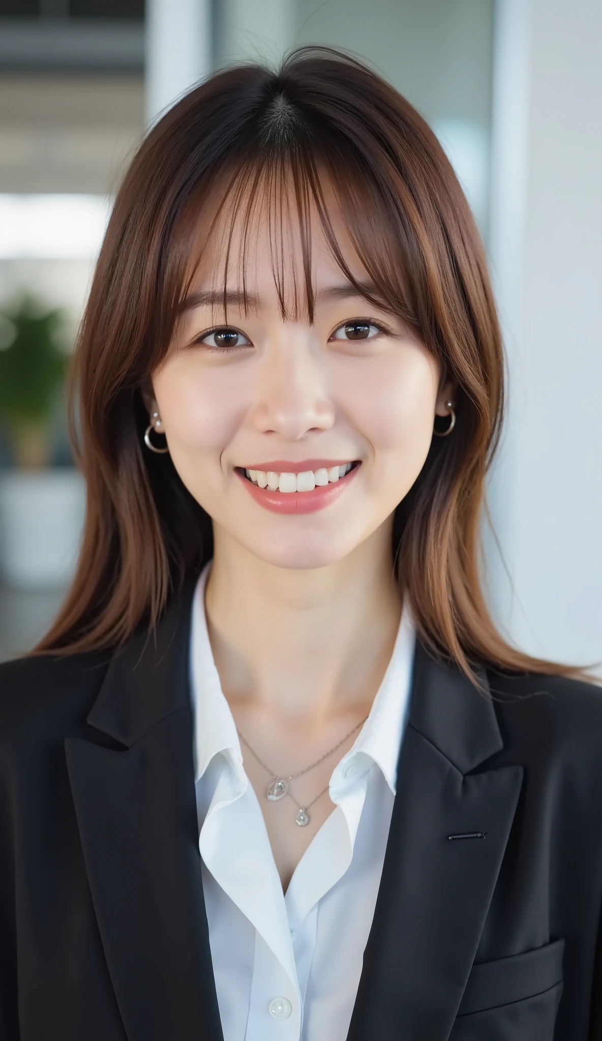 Neat Young Woman、and look at the camera、office lady suit、jacket、shirt、necklace、ear piercing、、薄い茶髪、smile showing teeth、背景はオフィス
