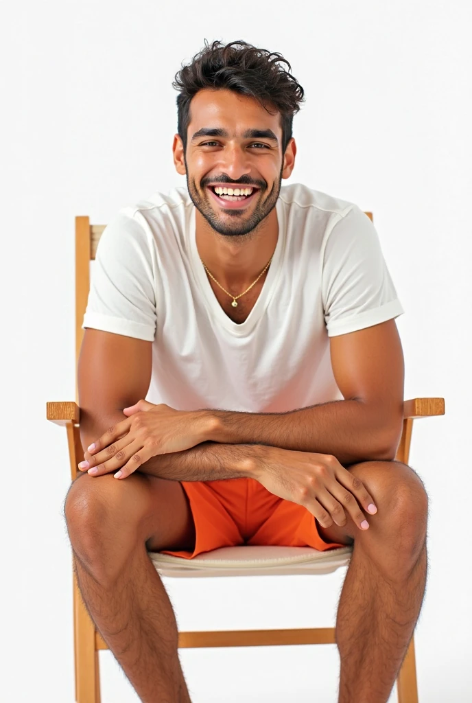 Shirtless man with open pants sitting on a wooden chair in a gray room,sitting relaxed touching his crotch, his legs open in front of him, looking forward with an excited face