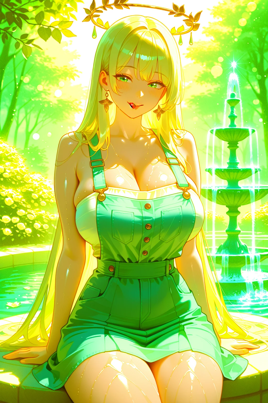 ultra HD, Eleven now , with gigantic breasts: 1.4 and blond hair , long ear, deep blue and orange eyes, Full lips, attractive, souriant, with a bow in their hands in their left hands, in general plant in a cascade