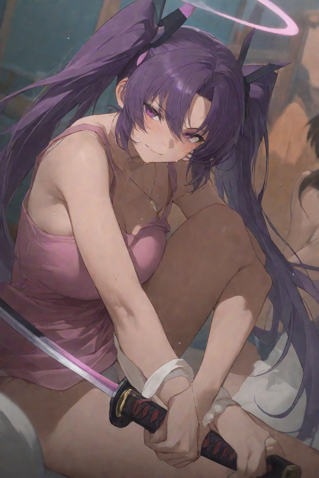 1girl, (solo), ((masterpiece)), (shadow), [slim], (small breasts), (detailed), cinematic lighting, (cleavage), (textured skin), ((8k)), ((very clear)), drop shadow, focused, shading, tracing, smooth, yuzuriha, pale skin, (leaning foward), ponytail, purple hair, armpits, bracelets, smirk, standing, (collarbone), forest