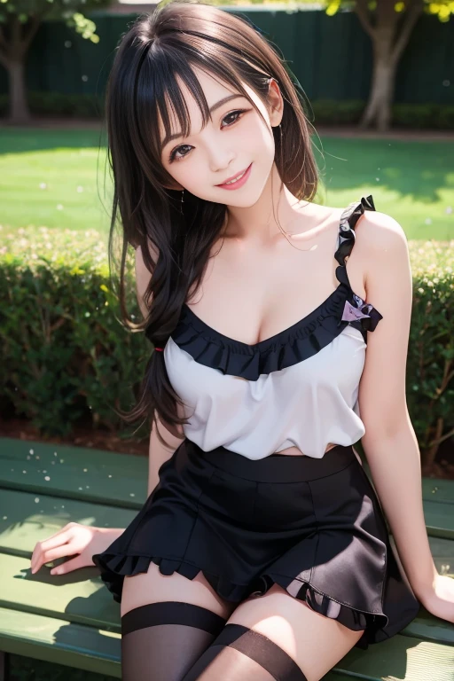 (Only one person), Pure Japanese young girl, wearing white gothic Lolita style dress and accessories, classical high heels, vivid makeup and lips, thick eyebrows, arranged hair styles, sweet smile, sitting in traditional garden, lift up skirt, spread wide legs, (panty), summer sunshine, professional photography,