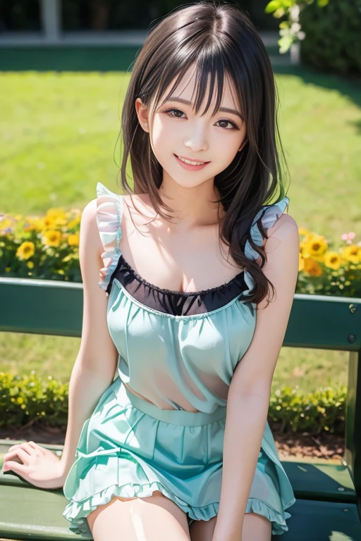 (Highest quality,masterpiece:1.3,Ultra-high resolution),(Very detailed、Caustics) (Realistic:1.4, RAW shooting、)Ultra-Realistic Capture、Very detailed、Natural skin texture、masterpiece、(A Japanese elementary school girl wearing an emerald green frilly dress:1.3)、Adorable expression、Expressions of happiness、10 years old、height: 140cm、Baby Face、Pure girl、Amazingly cute、Twin tail hairstyle、Curly Hair、ribbon、Black Hair、Large Breasts、Shining thighs、Shining ass、necklace、Sidewalk in a residential area、Background details、smile、An inviting gaze、(Anatomically correct)、Cowboy Shot、Attention to detail、
