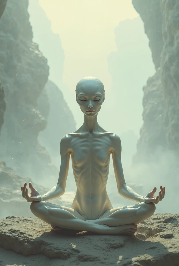 There is an alien sitting in a yoga pose, gray alien, gray alien, alien gray, close shot, portrait of a gray alien, realistic alien, space alien, gray aliens, etsy, alien look, create a realistic version