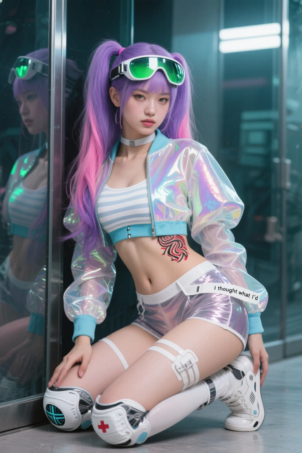 (8K, top-quality, masterpiece:1.2), (reallistic, Photorealsitic:1.37), Super Detail, One girl, (Highly detailed), (beautifully detailed eyes), (of the highest quality), (super detailed ), (masterpiece), (Detailed face), 20yr old, 1 girl, ((pink hair,long hair)), medium breasts, clothed, Perfect Lighting, (futuristic tight clothes:1.3), (silver hologram cropped top:1.4), (blue metallic leggings:1.4), (shiny and stretchy fabrics:1.2), (glowing lines and patterns:1.3), (silver high heel boots:1.4), (blue hologram earrings and necklace:1.4), (silver bangles and rings:1.4), BREAK (cool and confident smile), (right hand on hip), (left hand pointing forward), (futuristic cityscape background), (bright light on front)