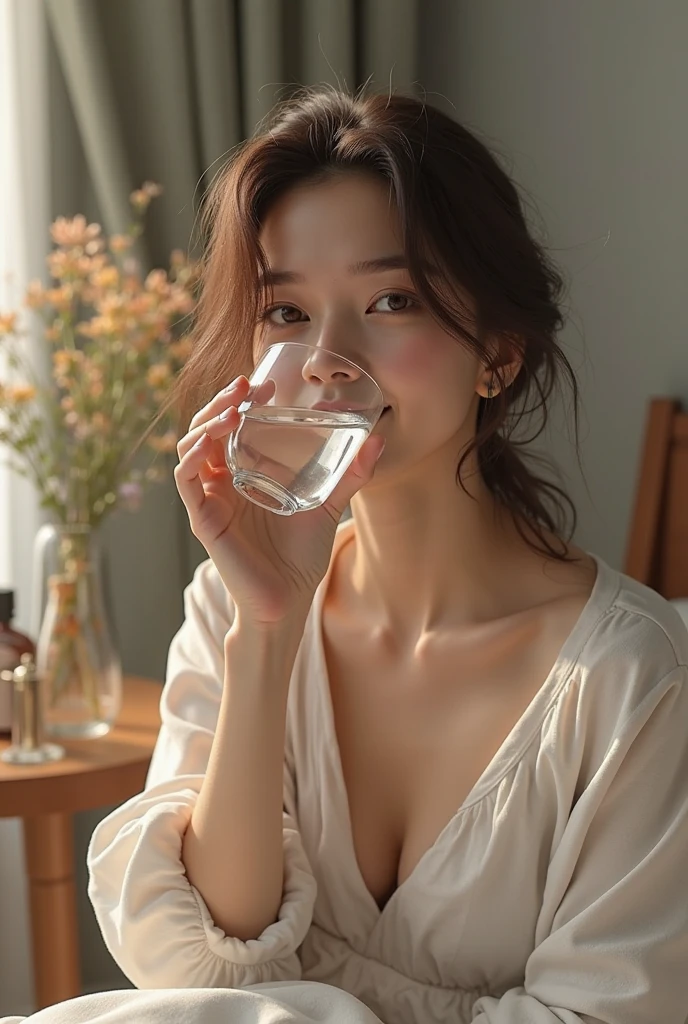 close-up of beautiful beautiful korean female, 34 inch breasts size, wearing pyjamas, holding water glass, in front of the door, cinematic scene, retina