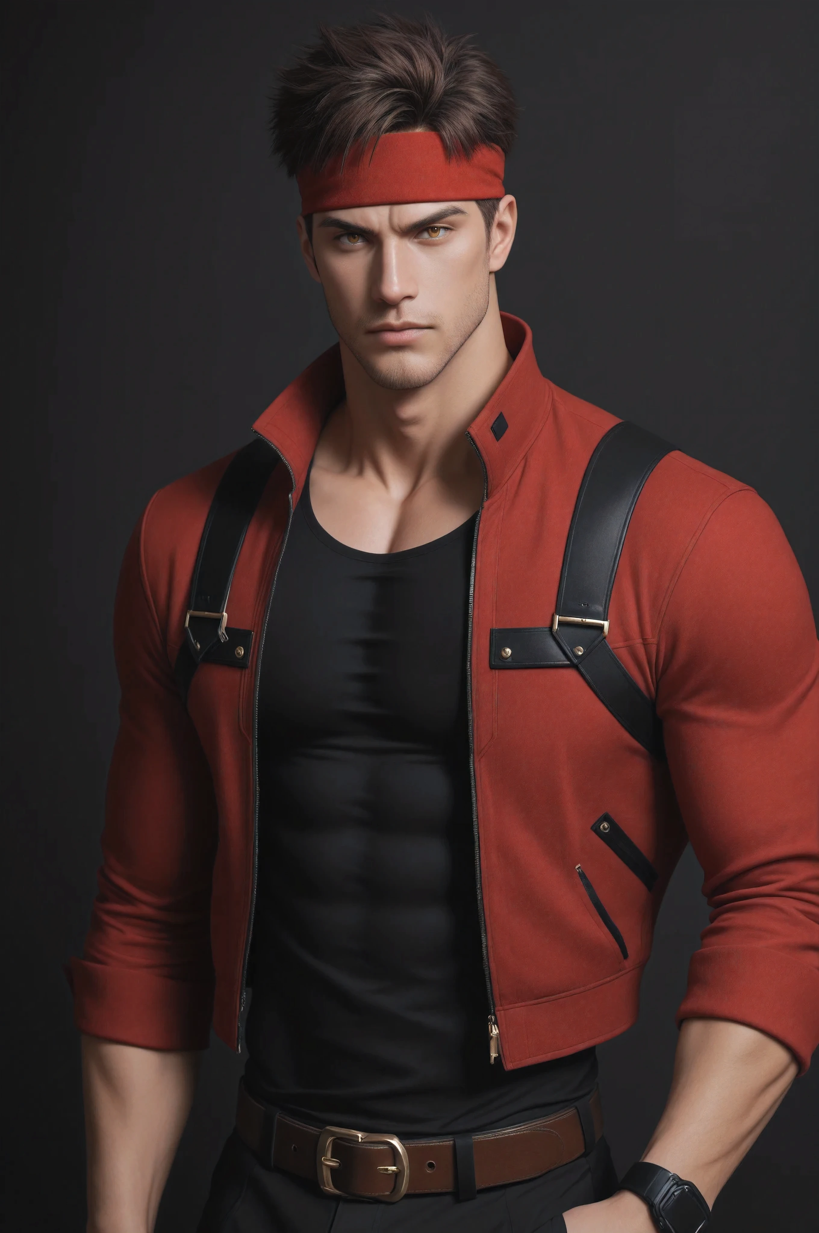 masterpiece, best quality, absurdres, newest, very aesthetic, amazing quality,highres, 1boy, male, Sol Badguy, brown hair, gold eyes, black vest, red jacket, belt, headband,ultra-detailed, intricate details