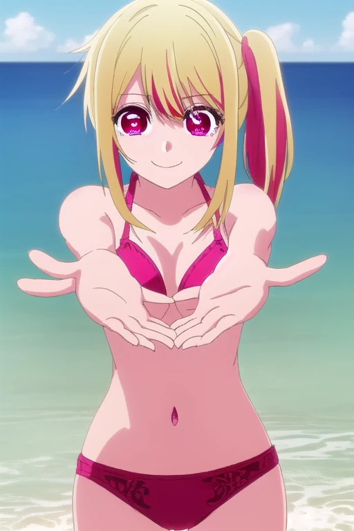 Blonde、Swimwear、Highest quality、high resolution、8K,Highest quality、Star-shaped pupil、The best smile、long hair、Pink Eyes、ponytail、Cowboy Shot、One person