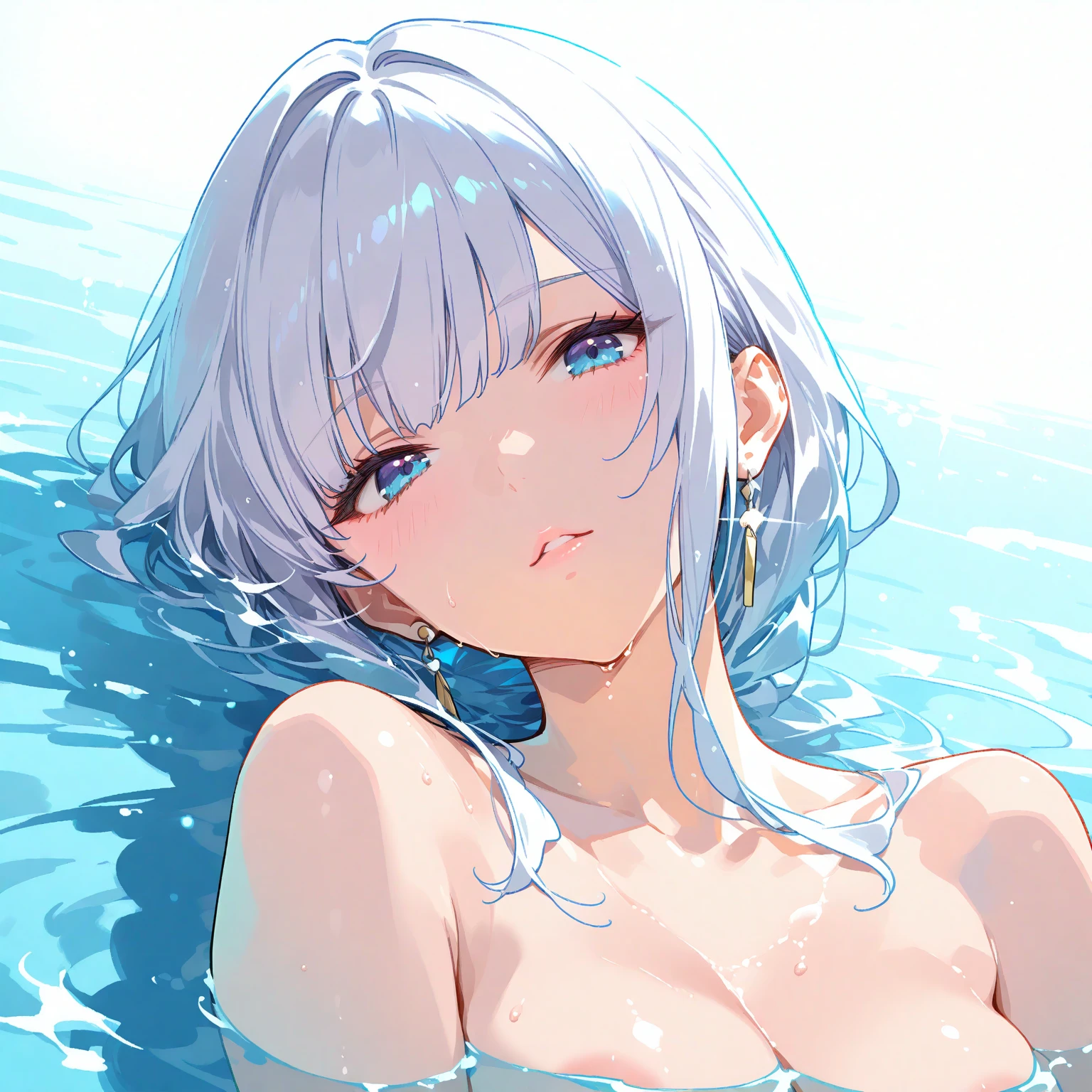 hightquality, (Masterpiece),(of the highest quality),(Solo),wet panties,Hair is wet,(Lying on the surface of the water:1.3),evening,(white hair), ((medium breast)),Nice big dark blue eyes (High detail eyes), 1Girl, mature, adult, Soft skin,Gentle breeze,Sadness look,Blushing with embarrassment,Looking Up, Overhead configuration, Lens Flare, Fine Features, Perfect Anatomy, Centered, Perfect distance, Highly detailed, with an intricate, acurate, Highly detailed rich colors, Smooth, Rich colors,clean, Rich colors, elaborate details, golden ratio illustrations, topless, space, stars, galactic