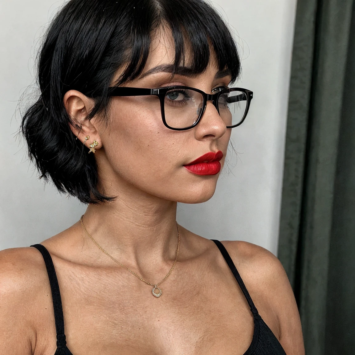 (photo from the side, side of the body, profile, face from the side)(18 year old woman) thin body (very thin and thin girl), (black hair, short hair, bangs, hair down to her shoulders) ((round glasses on face)) (white skin) western face, dark circles, sad and tired and droopy face, pimples on face, thin hips, thin thighs, thin nose, ((best quality)), ((ultra resolution) ), ((Photorealistic: 1.4)), (complex details), (clothes: black clothes), slim waist.