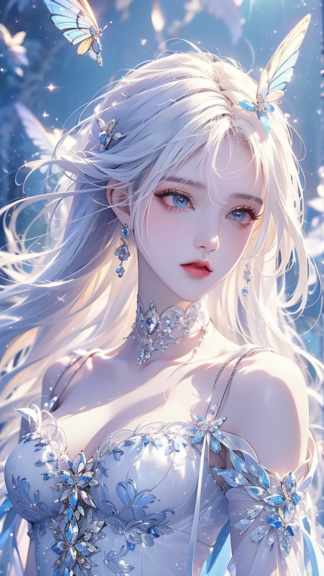 1girl, white_flower, flower, solo, long_hair, upper_body, looking_at_viewer, hair_ornament, breasts, bare_shoulders, necklace, parted_lips, lips, white_hair, snowflakes, medium_breasts, beautiful girl