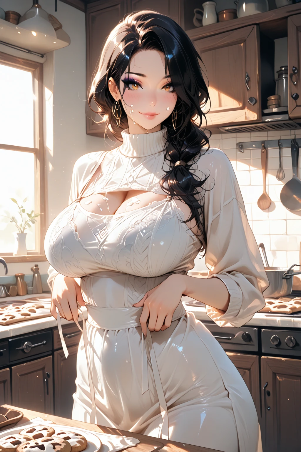 pov paizuri,mature elegant woman,straight hair,,tareme,black hair,oily skin,at morning,at kitchen,large breasts,glossy lips,eyelash,sweater,penis in breasts,tender smile,bukkake