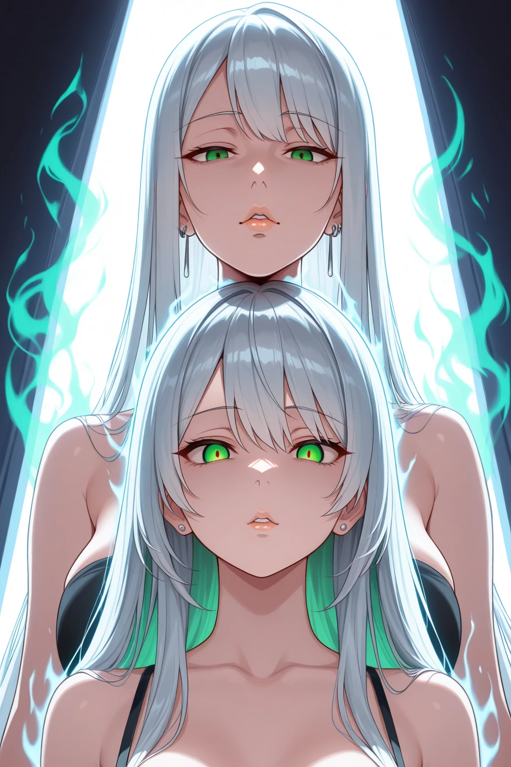 Highly detailed, High Quality, Masterpiece, beautiful, SplitScreen, close-up, split screen, <lora:Pos_SplitScreen:1>,  xbox-chan, ponytail, green hair ribbon, clothing cutout, stomach cutout, cape, <lora:Char_Meme_Xboxchan:0.9>