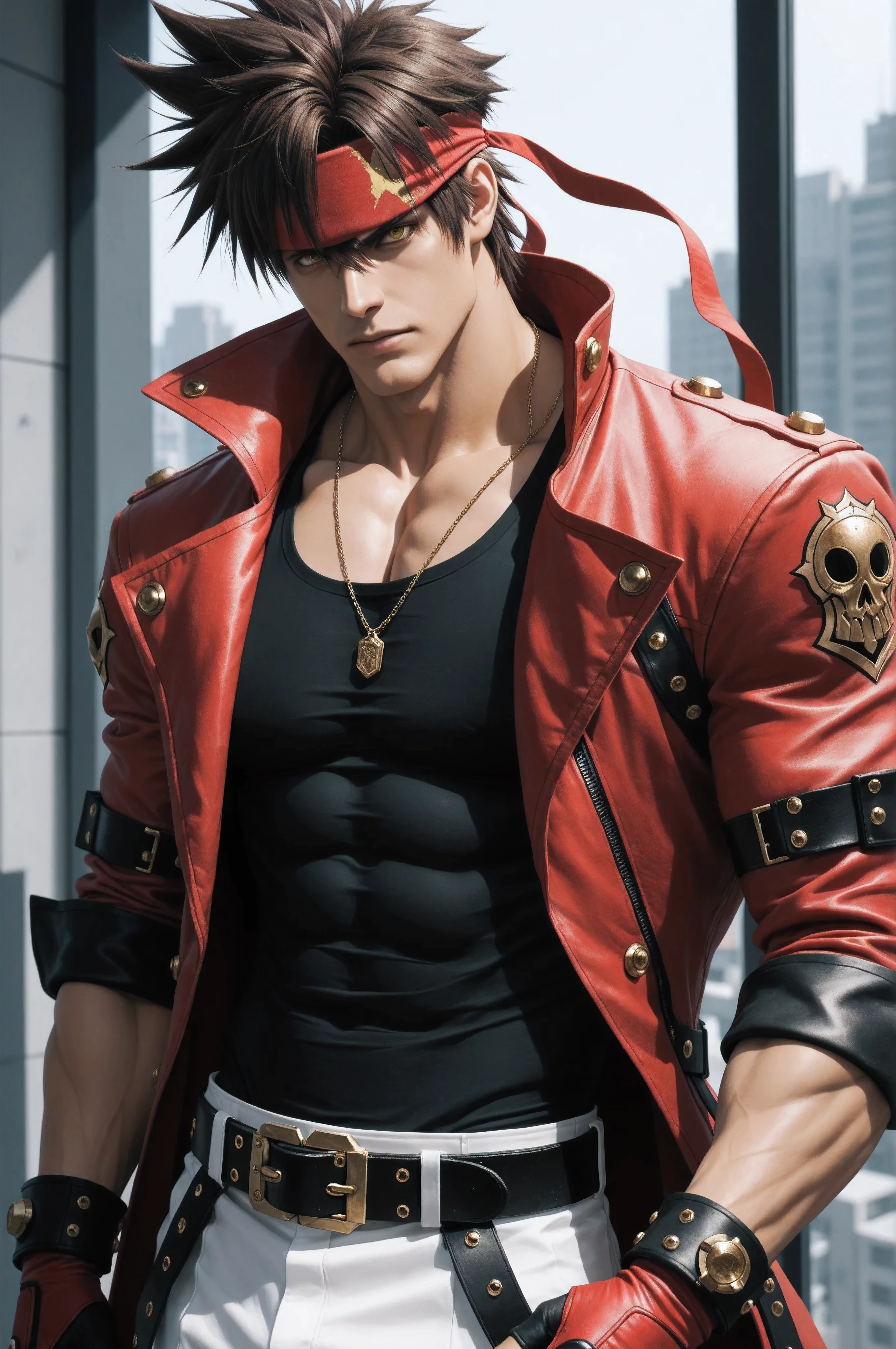 masterpiece, best quality, absurdres, newest, very aesthetic, amazing quality,highres, 1boy, male, Sol Badguy, brown hair, gold eyes, black vest, red jacket, belt, headband,ultra-detailed, intricate details 