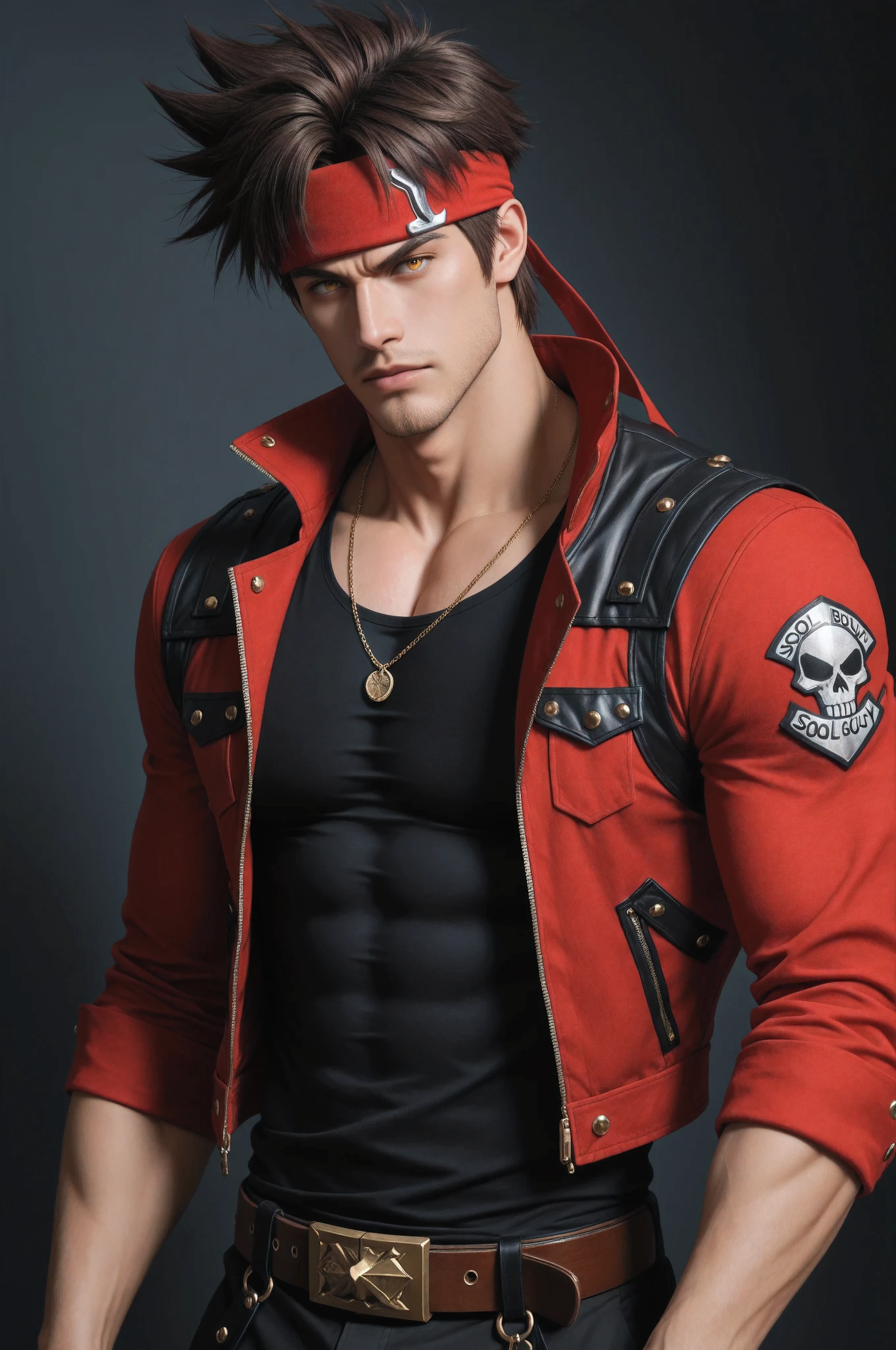 masterpiece, best quality, absurdres, newest, very aesthetic, amazing quality,highres, 1boy, male, Sol Badguy, brown hair, gold eyes, black vest, red jacket, belt, headband,ultra-detailed, intricate details 