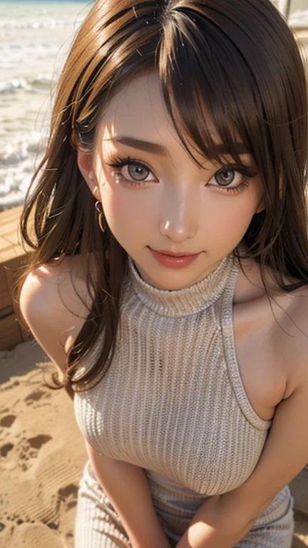 Highest quality, figure, Very detailed, In detail, High resolution, 8k wallpaper, Perfect dynamic composition, Beautiful attention to detail, Wear a dress, Natural color lip,Beach, ランダムでcuteポーズ, Kissing Face,close your eyes,Face Kiss Viewer,Perfect and beautiful face,cute,Sexy Face,sunset,Ecstatic face,Feminine face,Expression of excitement and climax during sex