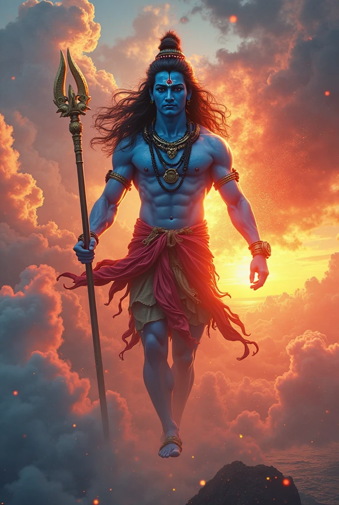 "Create a highly detailed 3D render of Lord Shiva, depicted with a peaceful expression, standing tall with his traditional attributes like the trident (Trishul), crescent moon, and snake. He should have a radiant aura around him, representing divine light. Behind Lord Shiva, include a rainbow, with rain gently falling around him. In front of him, include a young boy dressed in traditional Indian attire, looking up at him with admiration and affection. The background should be a surreal landscape with mountains, clouds, and glowing light, creating a divine atmosphere." lord shiv sit down
