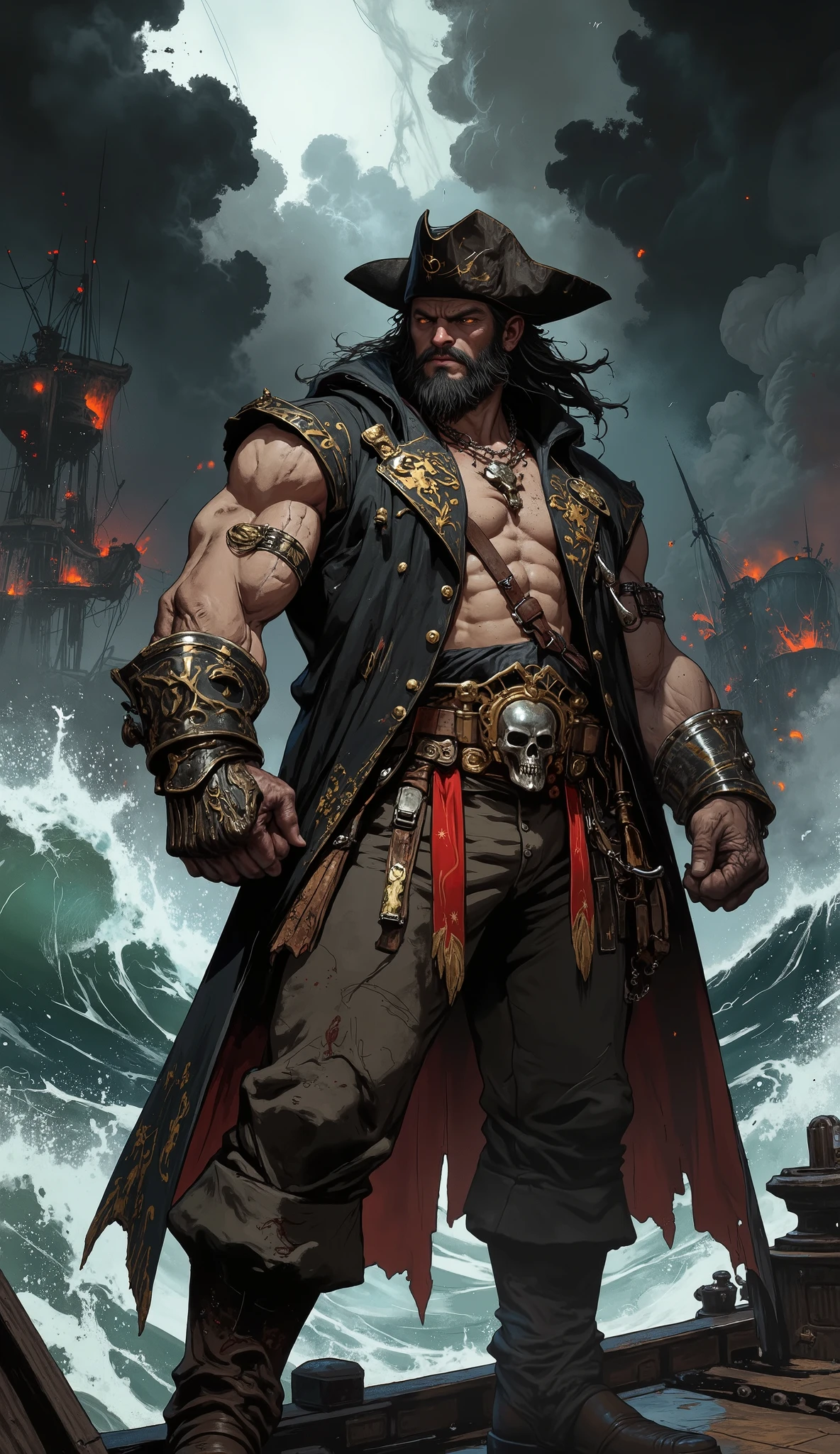 (masterpiece, best quality, ultra-detailed, 8k), epic character portrait of a formidable fantasy pirate captain, a powerfully built, middle-aged man exuding raw power and cunning intelligence. He stands in a dynamic, heroic pose on the prow of a colossal, ghost-like galleon, cresting a storm-tossed sea under a dark, dramatic sky.
His face, etched with sea-worn lines, features a sardonic, confident grin and piercing, intelligent eyes glowing with charismatic treachery. A cascade of raven-black, salt-sprayed hair falls to his shoulders, partially covered by a small, worn felt derby hat. A thick, impeccably groomed raven-black full beard frames his chiseled jaw.
He is clad in a custom sleeveless duster coat, a masterful fusion of baroque pirate fashion and rugged modern biker gang leather, featuring heavy-duty silver zippers, weathered gold embroidery, and exquisite striped silk lining. A massive, grinning skull emblem crafted from tarnished, gleaming silver is emblazoned on the chest. His arms are protected by elbow-length armored gauntlets with intricate metal filigree and reinforced knuckles. A heavy, detailed golden belt, adorned with scrimshaw-carved bone charms and hanging ancient doubloons, is cinched at his waist. He wears rugged, two-tone canvas cargo pants, weathered and stained, tucked into knee-high, steel-toed leather boots with ornate buckles.
The scene is dominated by a color palette of jet black and charcoal grey, accented by stark, violent flashes of blood-red and opulent antique gold.
Lighting: Dramatic, low-key cinematic lighting, chiaroscuro, god-rays breaking through stormy clouds to cast a single, focused beam upon him, intense rim lighting defining his powerful silhouette against the dark, churning ocean waves and sea spray.
Art style: hyper-detailed, intricate textures, digital painting, trending on Artstation, Unreal Engine 5 render, photorealistic PBR textures, flawless anatomy, perfect hands, correct finger count.