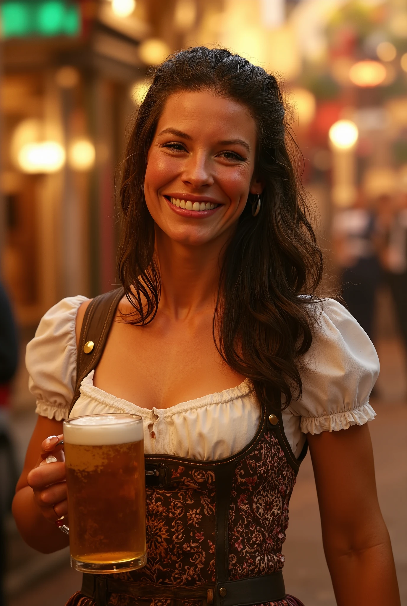 a realistic photo of young Evangeline Lilly, dressed in a Oktoberfest outfit, holding a beer mug in a hand and smiling, perfect anatomy, perfect fingers, vibrant colors