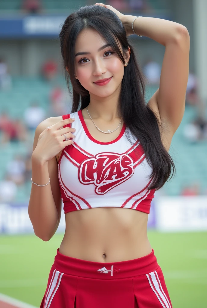 taiwanese, (skin blemish:1), (skindentation), black eye, 1woman, 30yo, (((woman))), solo, realistic, best quality, photorealistic, masterpiece, 8k, high res, solo, extremely detailed face, (professional lighting, bokeh), (light particles, lens flare, glowing particles:0.6), (dynamic pose:1.2), soft lighting, top angle view, fashionable and trendy atmosphere, taiwan, stadium, baseball, ((daytime)), ((looking at the viewer)), (looking at the camera),(portrait:0.6), cowboy shot, gorgeous, standing, keep original facial proportion, wide shoulder, full body, (small breast), (medium hair), brown hair, floating hair, lips, lipstick, seductive smile, floating hair, smile, (tshirt), (short jeans), <lora:Wenzi:0.8>