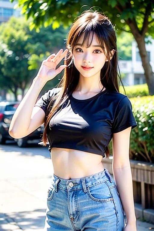 (A hyper-realistic), (illustratio), (hight resolution), (8K), (A highly detailed), (best illustration beautiful detailed eyes), (top-quality), (Very detailed), (​masterpiece), campus,University, (Detailed face), Solo, 1 girl, White wavy hair, large full breasts, Plump buttocks、Long leg, Firm abs,Pleated skirt,thin tops,20 years old,Make your underwear visible,Street,Looking back,Skirt blowing in the wind,(((Skirt with visible panties))),panties on,(((lift skirt myself)))(((skirt rift)))、A smile