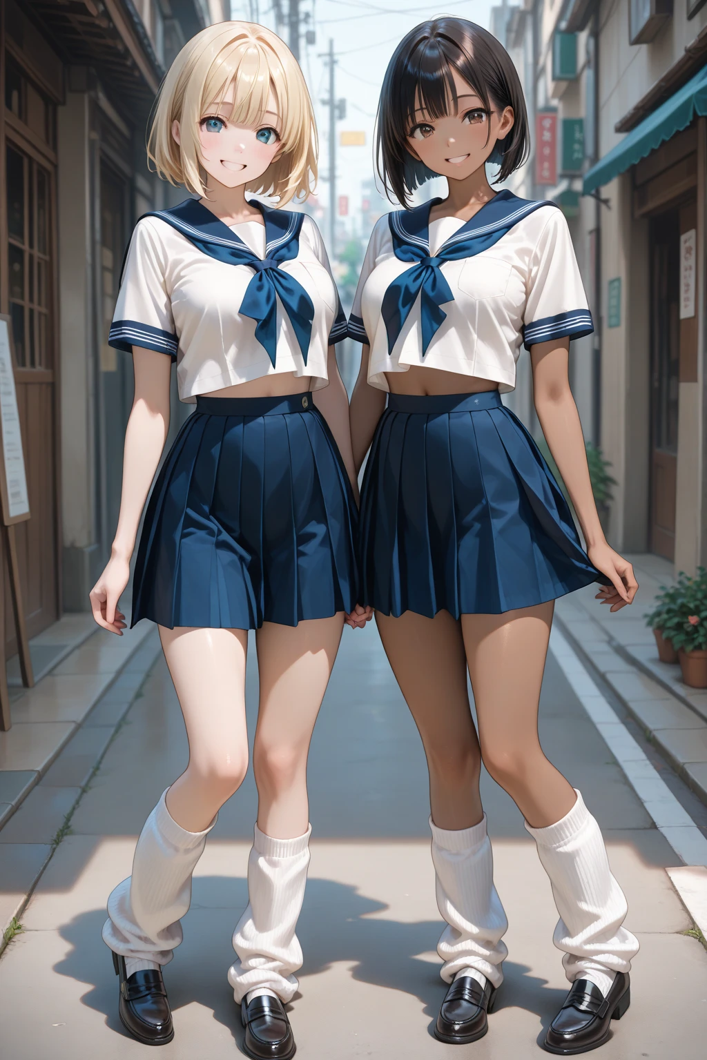 (masterpiece,Highest quality,High resolution,Realistic:1.2),(1girl:1.5),((High school girls wear short-sleeved white sailor uniforms:1.2),(Short checkered pleated skirt),White panties slightly exposed:1.2),(Smiling with teeth showing:1.3),(Bobcut, Black Hair:1.3),(Reduce exposed skin,Belly not exposed:1.2),(Cowboy Shot:1.5),(16 year old Japanese female:1.2),(The clothing size fits perfectly:1.2),(School corridor:1.3), (Camel Toe:1.3), (Thick thighs:1.2), (A is a view from below:1.4)