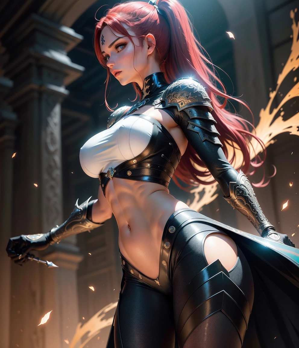 ((( melhor qualidade ))), ((( obra prima ))), ((( absurdres ))), ((( corpo inteiro))), muscular woman and beautiful warrior Barbara wielding, roupa preta e vermelha com metal, Conan or barbarian style, estilo Simon Bisley para uma capa da revista Heavy Metal, (( Tiny thong made of black animal skin )), (((fur))), (( seios grandes semi cobertos por pele de urso animal negro )), decote generoso, colar de ossos e dentes, brinco de ossos, fantastical setting, ((( corpo inteiro ))), ((( flowing red blonde hair ))), (((corpo inteiro)))