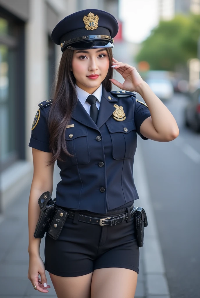 ((best quality)), ((masterpiece)), (detailed), perfect face, best quality, table top, Beautiful mature woman, beautiful face, A woman with a strong heart, Female Police Officer, hat, mini skirt, brown hair, brown eyes, long hair, ponytail, small eyes, whole body, downtown, in front of the police car, Police cars are white and black,