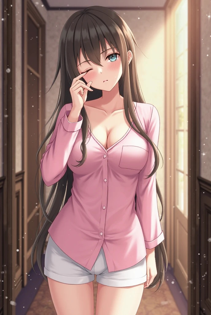 the artist has captured the essence of a beautiful woman with huge breasts, 1girl, breasts, long hair, cleavage, looking at viewer, solo, shirt, skirt, white shirt, doorway, bangs, wet, large breasts, pov doorway, standing, brown eyes, brown hair, collarbone, blush, collared shirt, open mouth, door, blurry, indoors, black skirt, wet clothes, open door, long sleeves