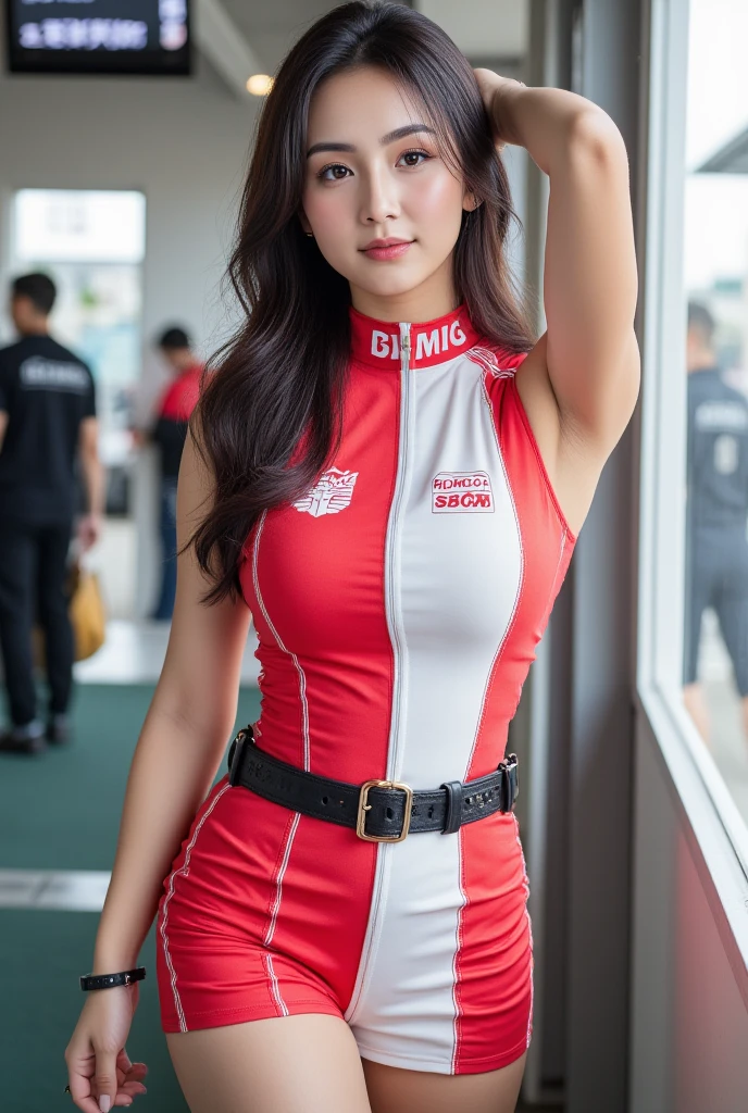 (8k、Raw photography、Highest quality、masterpiece:1.2),(Black Hair、Dark Eyes:1.9),(Red Racing Suit:1.6)、View your viewers,Front view,White skin,(:1.4)、(Tight waist:1.6)、(Clothes that accentuate the shape of the breasts:1.0)、(Big Breasts :1.3)、Slim figure、Ultra-high resolution,beautiful,beautiful fece,(One person、No background:1.9),whole bodyボディー,Japanese women,(reality的:1.37)、Photon Mapping,reality、(Baby-faced and cute: 1.4)、(Cute Smile: 1.8)、(Round face: 1.8)、Radio City、Physically Based Rendering、Depth of field rally background、photograph, (I can see your knees、Thigh close-up:1.8),(:1.6),whole body、Great quality