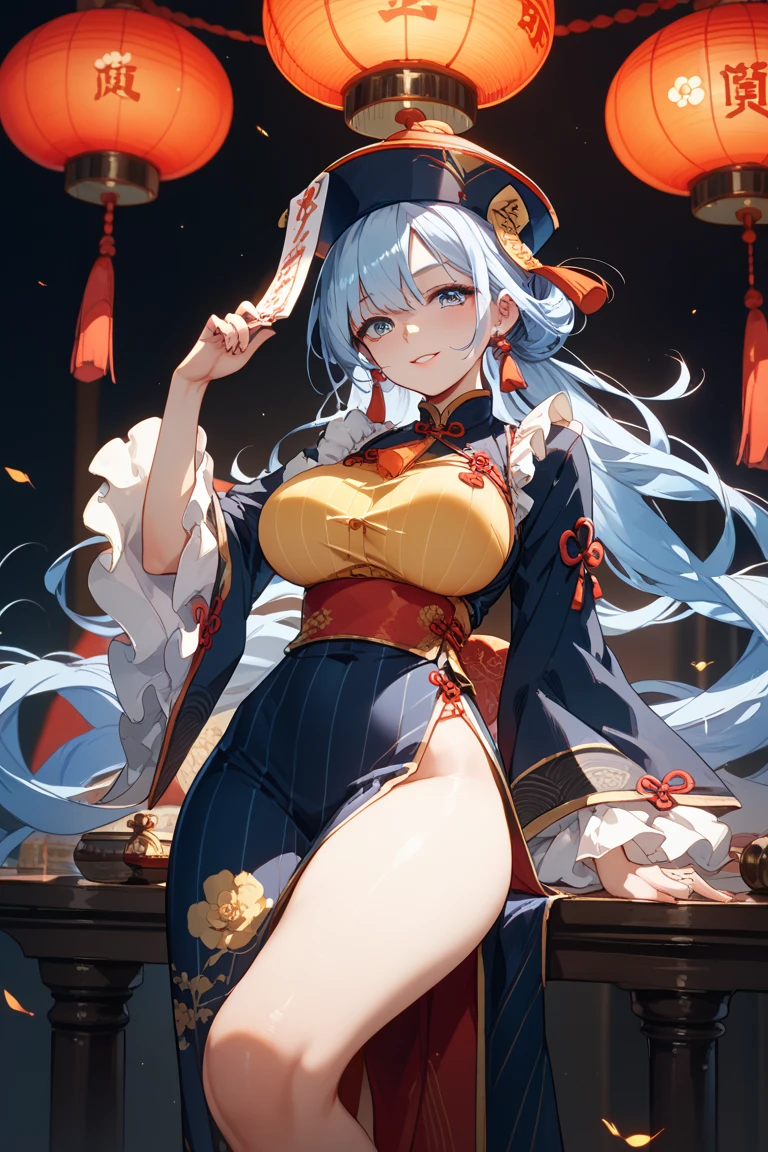 a very feminine japanese anime girl in some very provocative undies, 1girl, solo, breasts, stomach, smile, navel, twintails, long hair, thigh strap, blue eyes, looking at viewer, bare shoulders, long sleeves, grin, open clothes, underboob, huge breasts, paper lantern, thighs, panties, off shoulder, white hair, lantern, chinese clothes, halo, floral print, underwear, very long hair, cup, sleeveless, standing, black panties, string panties