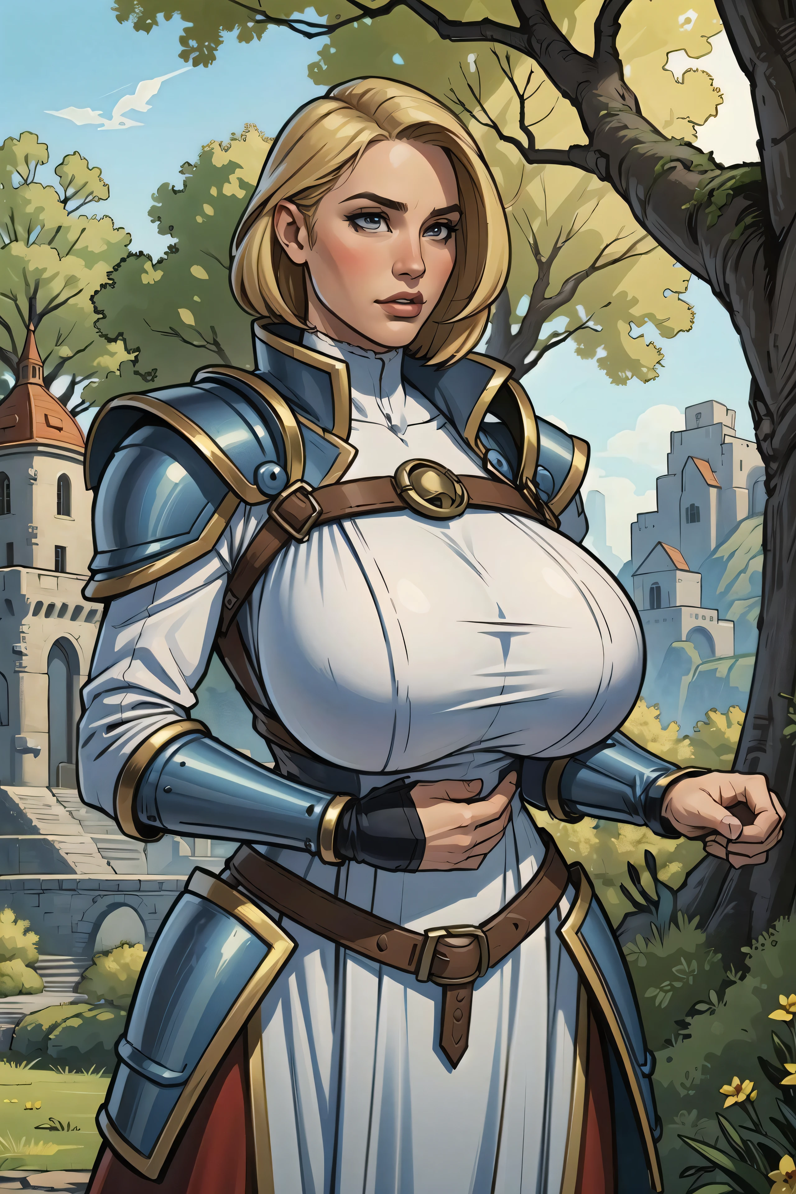 extremely detailed, highly detailed, best quality, ray tracing, perfect lighting,, 1girl. alone, vivid colors, 18 years, huge breasts, sexy lips, medieval clothing