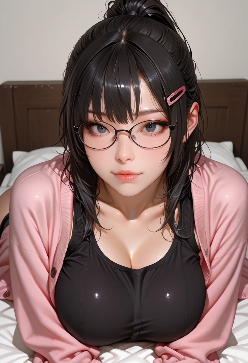 (Tabletop:1.0), (highest quality:1.4), (High resolution:1.2), From the side,Sharp contours,  boyish, highest quality, masterpiece,Glasses,Voice of the Heart,20-year-old woman,yandere,Big Breasts,Chest to chest,Lying face down,Upper Body,Ecstasy,saliva,blush,Squint your eyes,Heterochromia iridis,Tuck up your clothes,lure