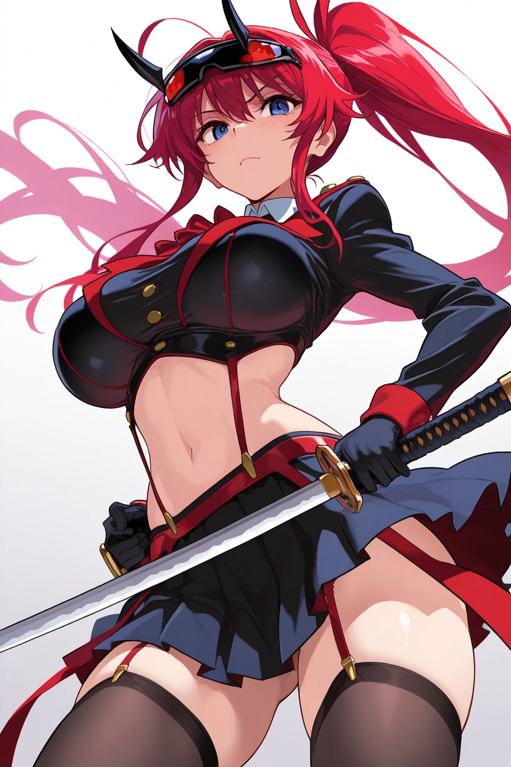 slender, mature female, weapon, sword, 1girl, rating:safe, petals, long_hair, breasts, gloves, red_eyes, very_long_hair, cleavage, bare_shoulders, navel, high_ponytail, ponytail, choker, large_breasts,thighhighs, solo, bikini, swimsuit, collarbone, holding, sidelocks, holding_sword, looking_at_viewer, red_hair, bangs, hair_between_eyes, black_bikini, black_gloves, holding_weapon, black_legwear, halterneck, floating_hair, thighs, closed_mouth, sheath, stomach, armband, eyebrows_visible_through_hair, ass_visible_through_thighs, falling_petals, smile, standing, criss-cross_halter, belt, night, black_choker, gradient