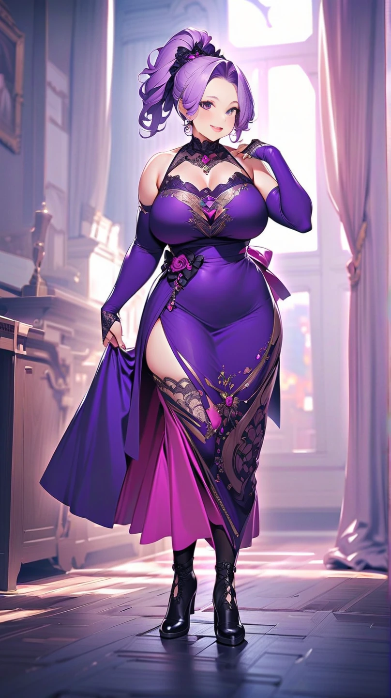 A busty hijabi girl, Arabic ethnicity, brown skin, Muslim, mature woman, wearing a secretary outfit, purple open shirt, black jacket, mini skirt, brow stocking, a black high heel, silk headscarf, big natural breasts, nice rounded ass, cleavage, sexy, thick hips, beautiful feet, smiling at the viewer, top view, in a corporate environment, taking a picture in reunion room, pc wallpaper, 8k, 4k, wallpaper, full body shot, subject in the middle of the frame