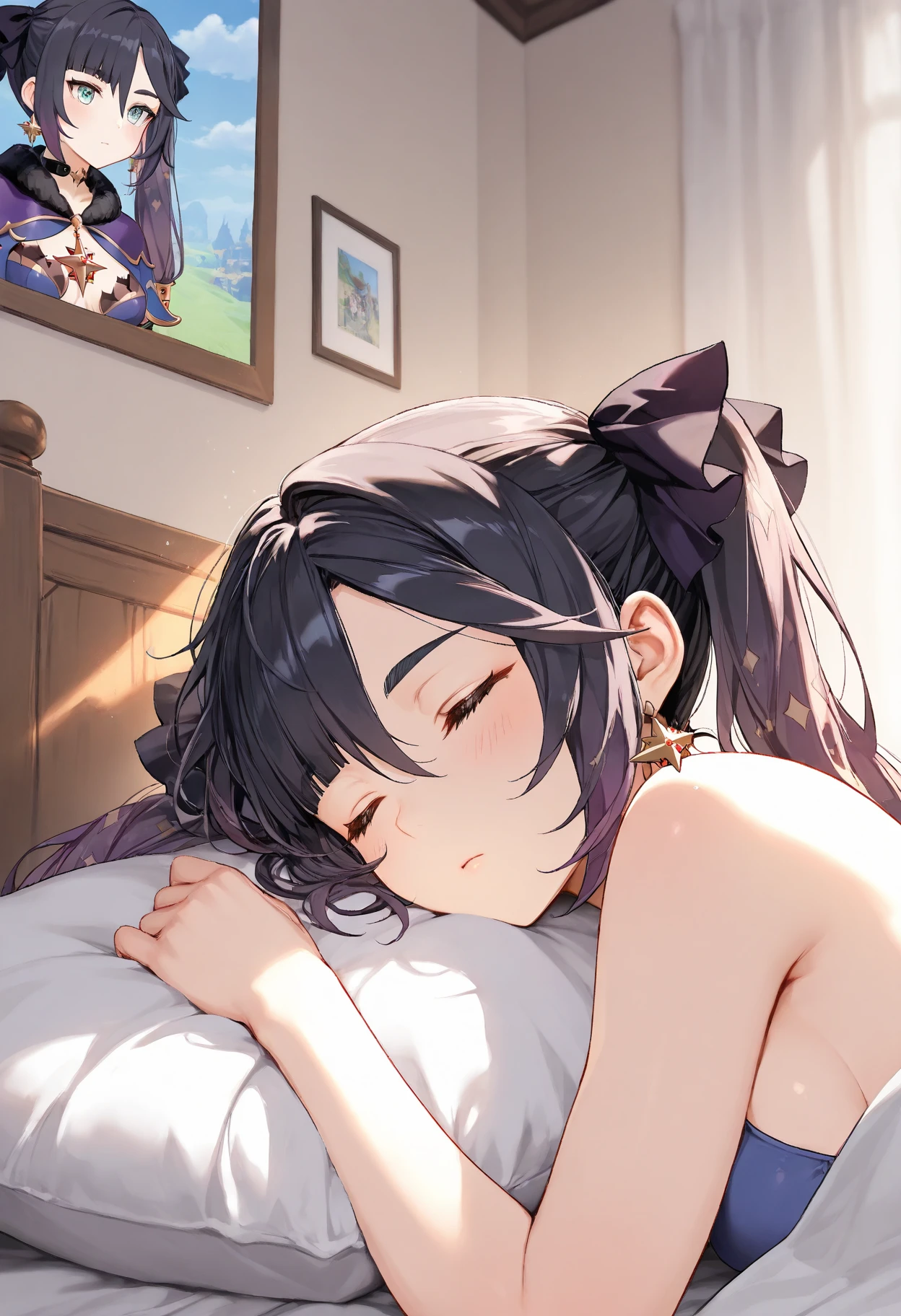 SoraBase, long hair, star hair ornament, hair ribbon, blue eyes, blue vest, sleeveless shirt, red ribbon, ,(masterpiece),(best quality),(ultra-detailed),(best illustration),(best shadow),(absurdres),(detailed background),(very aesthetic),1girl,dim lightning,in bedroom,orgasm,horny,looking at viewer,in heat,,heavy breath,shiny skin,sweat,,,aged up,ohogao, teary-eyed, drool, half-closed eyes, , ,drooling,portrait,face focus,close up face,saliva trail,front view,looking at viewer,(after kiss),from above,chin grab,pov,holding chin,1boy,wide hip,look up,happy,all fours,,full_body,legs,hip,back,spines,hip,1boy,boys arm,boys hand,happy,satisfied face,holding chin,