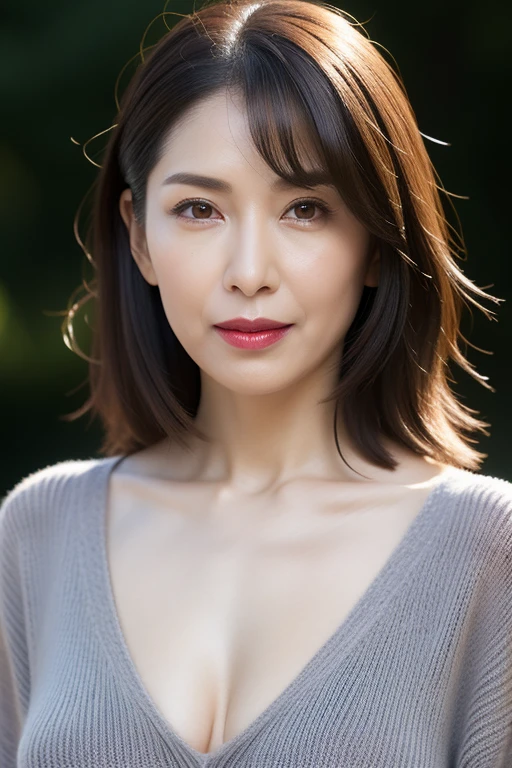 masterpiece, Highest quality, High resolution, Photorealistic, RAW Photos, 8k wallpaper, perfection, Professional Lighting, Outdoor, Very detailed, Written boundary depth, Pale plain background, ((One beautiful woman, Japanese Mature)), (48 years old)), Sexy Woman, Detailed face, Beautiful Eyes, bangs, Shapely breasts, Light brown straight hair, Faint lips, ((Stand in front、Gazing at the viewer、Serious face eyes。)), White Dress, Cowboy Shot。