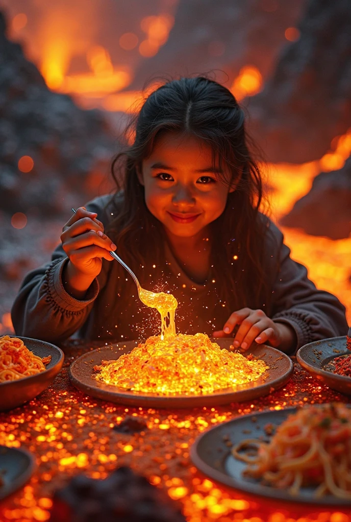 Full body view of a 10 year old girl holding a demonic fireball in her hand
