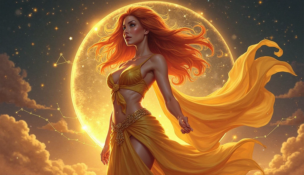 In a dreamlike, abstract setting, an ethereal woman with moonlight hair styled in flowing waves, cornflower blue eyes, and pale orange lips stands gracefully. She is draped in a cape of golden gossamer. Beside her, a fiery mage with blazing red-orange hair and passionate eyes embodies a captivating pinup style. Warm, intertwining shapes of gold, amber, and rose surround them, symbolizing love. The blurred background features pastel dreamscape elements, colorful objects, and bioluminescent flora, creating a scene of otherworldly beauty and vibrant energy
