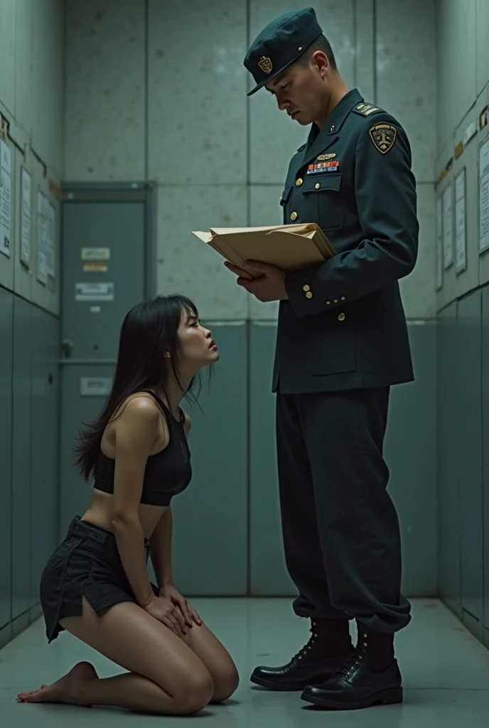 Four male guards are standing,Surrounded by four guards,Naked Japanese man sleeping,Japanese Idols、Saito Asuka,Cute Japanese girl on top of an old man１５Height at age１４０centimeter、A slender figure is riding on it naked.　Show me your whole body,Short hair and boyish look,The girl was crying,Feeling despair,The girl kneels on her uncle,On the dirty concrete of a prison,