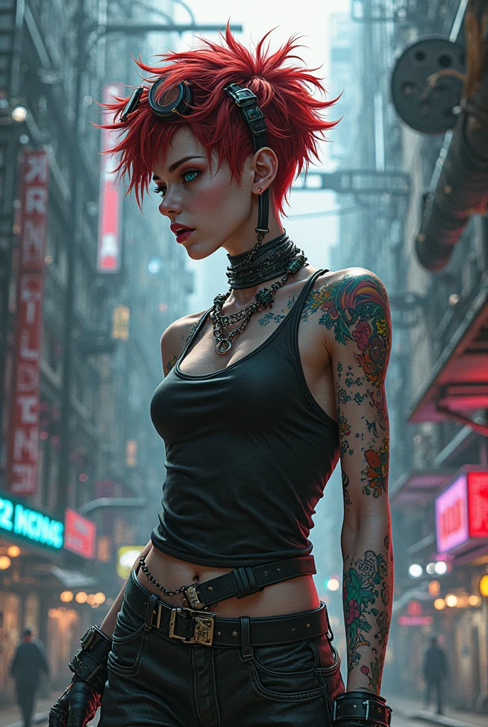 A realistic drawing of a female mercenary in her early twenties with short, red hair in a punk-style pixie cut. She wears stylish yet practical clothing, combining aesthetics with functionality, suitable for her mercenary work. Her outfit reflects a cool, fashionable persona with an edgy vibe, featuring some small tattoos visible on her body. The background is a retro-futuristic city, blending futuristic elements with a vintage, neon-lit atmosphere.