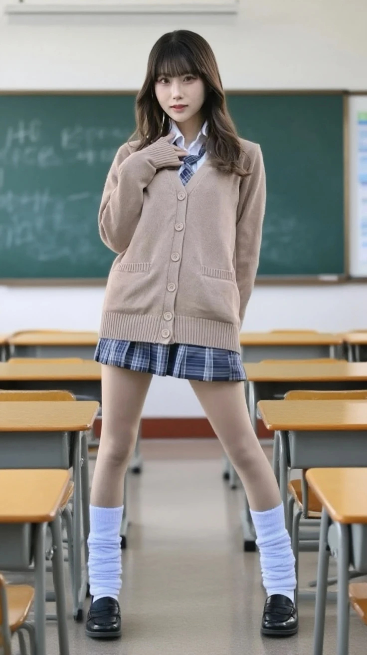 arafed asian woman sitting on a desk in a school uniform, cute schoolgirl, of a schoolgirl posing, japanese school uniform, wearing skirt and high socks, dressed as schoolgirl, japanese girl school uniform, wearing japanese school uniform, a hyperrealistic schoolgirl, hyperrealistic schoolgirl, school girl, realistic schoolgirl, teenage female schoolgirl, japanese high school