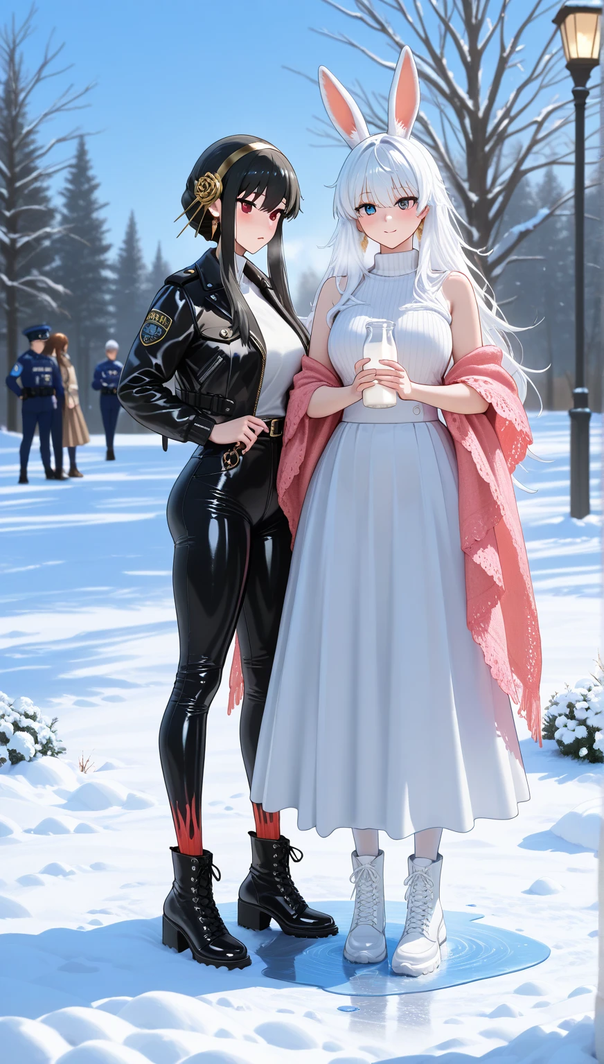 A woman wearing black fur coat, tight white dress, short white hair, gothic boots, faint blue eyes, outside a big house in winter, place full of snow, trees covered in snow, big breasts, very detailed, masterpiece, high quality, ultra resolution, 4k hd