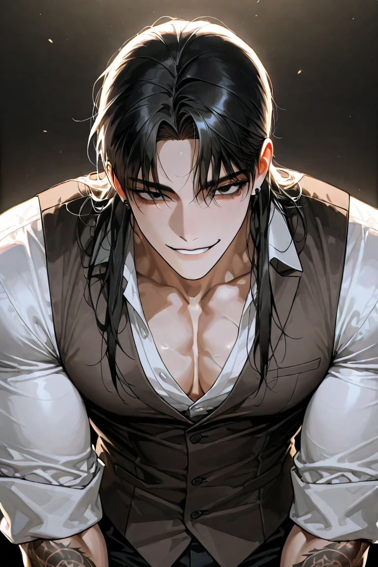 (masterpiece, High resolution, Super detailed:1.0), (1 male, Adult male, Soft and handsome face), Very high, the right amount of muscle, Detailed face, (black hair, medium long hair), (blue eyes, half-open eyes), (Wearing only a half-open white shirt, Black suit pants), (Slightly red cheeks, sweat, Playful, Seductive smile:1.3), (light black background, hands supporting the wall, looking at the audience)