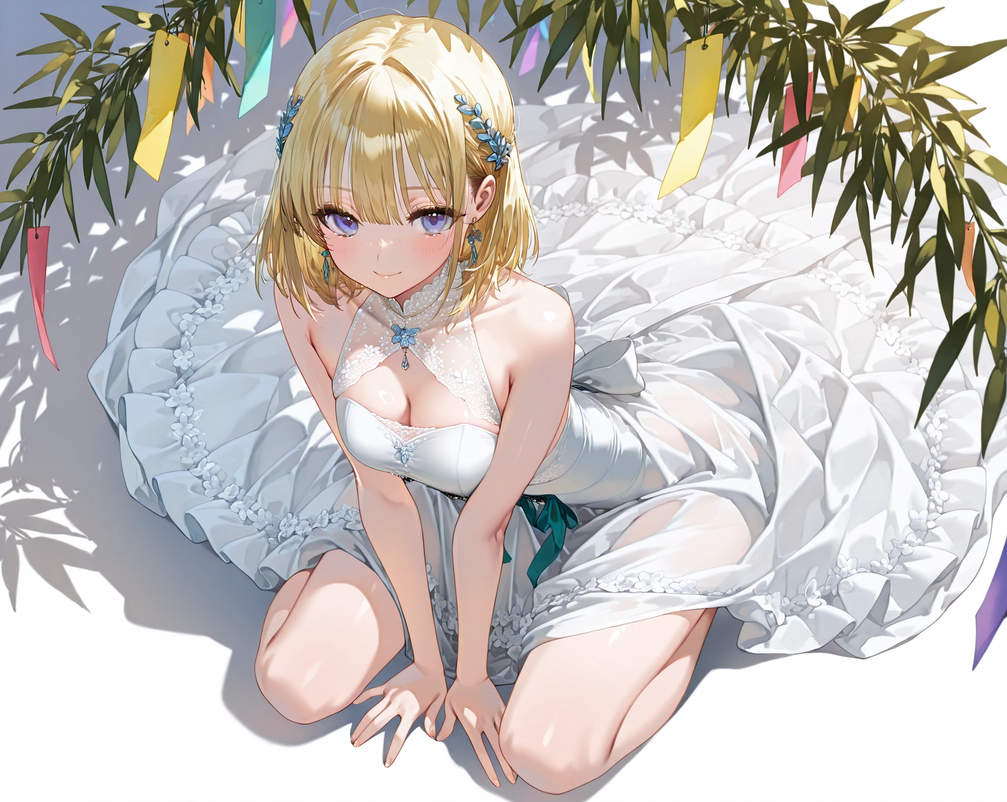 (masterpiece:1.3),((High resolution)),((high quality)),((Super detailed))、1 girl、perfect balance、perfect face、detailed face、cute face、beautiful詳細な目、Expressive eyes、cute eyes、shiny eyes、perfect body、beautiful体、(((Wedding dress)))、off shoulder、marriage、church、marriage式、bride、smile、Emma Aizawa、long hair、colorful hair、hair ornament,(big breasts)、(head shot)、embarrassing、blush、beautiful女の子、cute face、beautiful顔、cute face、beautiful、best quality、good anatomy、ornaments ,short hair、colorful hair、hair ornament、thigh strap、smile、closed mouth、blush、Are standing、From above、(NSFW:1.3), ((full body)),((Super detailedな背景)), mistress pose, ((8k wallpaper)) , smile, blush, outdoor, Day, blue sky, empty, looking at the viewer, moody lighting, face-to-face audience、sitting、From above