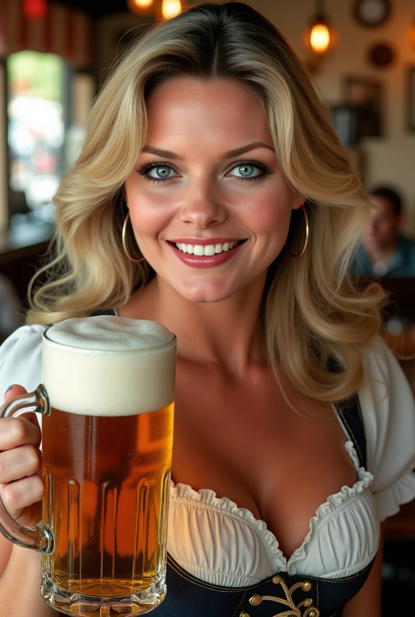 a realistic photo of young Michelle Pfeiffer, dressed in a Oktoberfest outfit, holding a beer mug in a hand and smiling, perfect anatomy, perfect fingers, vibrant colors