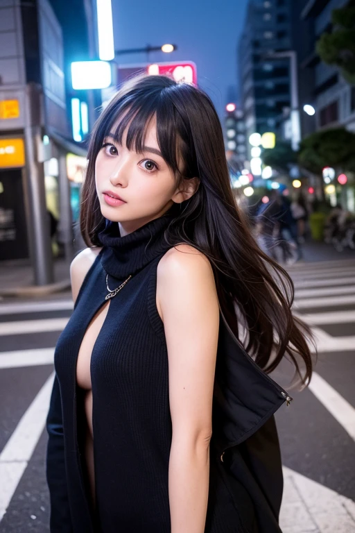1 girl, Tokyo Street,night, Streetscape,City lights,Upper Body,close,smile,, (8k, RAW Photos, Highest quality, masterpiece:1.2),(Realistic, photo-Realistic:1.37),
