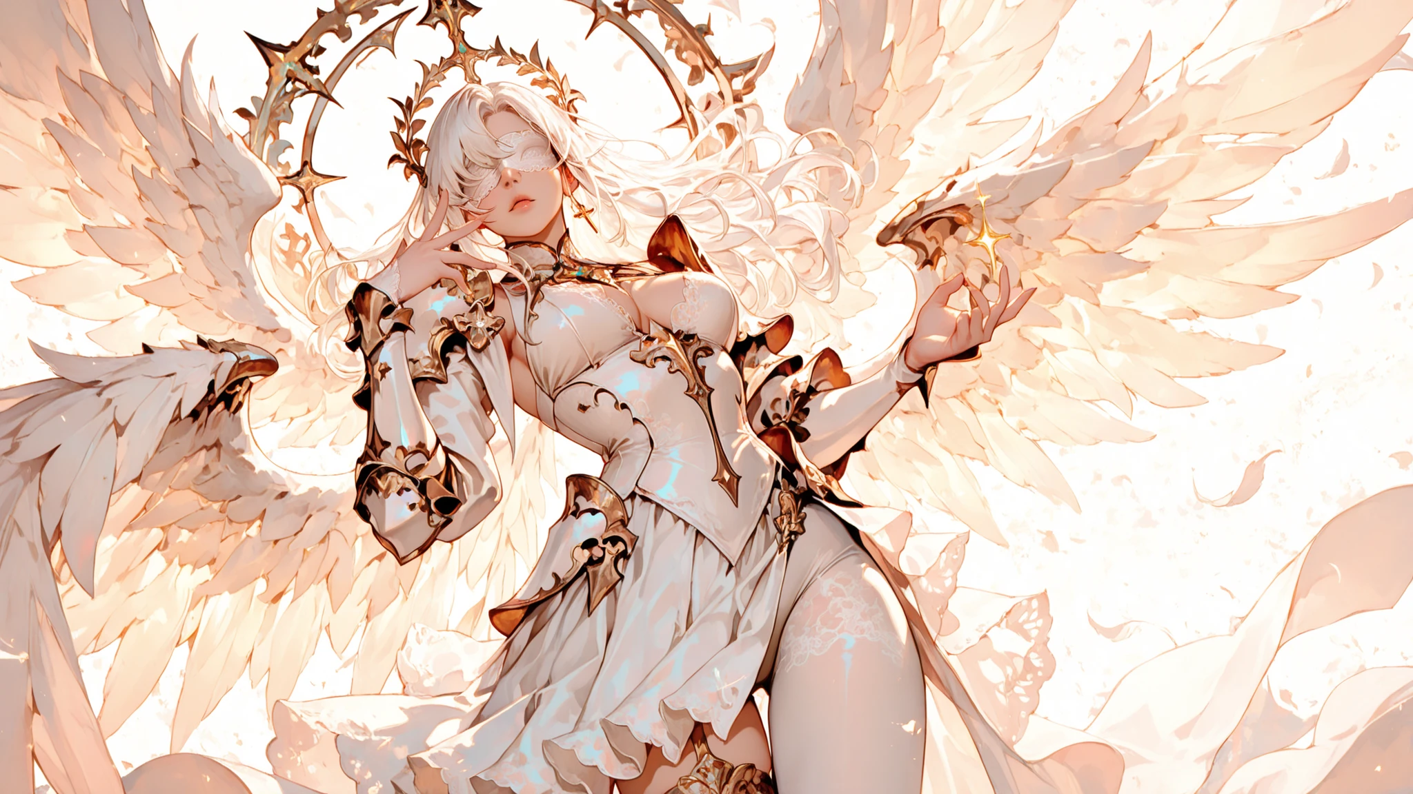score_9, score_8_up, score_7_up, score_6_up, 1girl, angel, white and gold armor, crying, kneeling and crying, large wings, white halo, bare shoulder, jewelry, detailed red moon background, white hair, long hair,